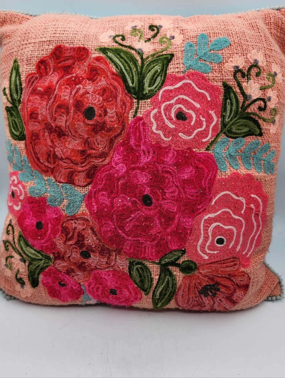Karma Living Embroidered Pink Floral Accent Pillow with Multicolor Blooms